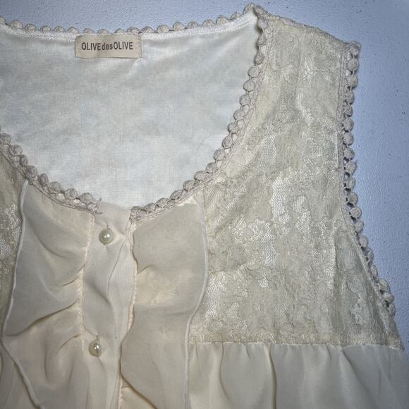 Olive Des Olive Sleeveless Lace Ruffle Cream Dress Cottage Core Boho Coquette - Picture 5 of 5